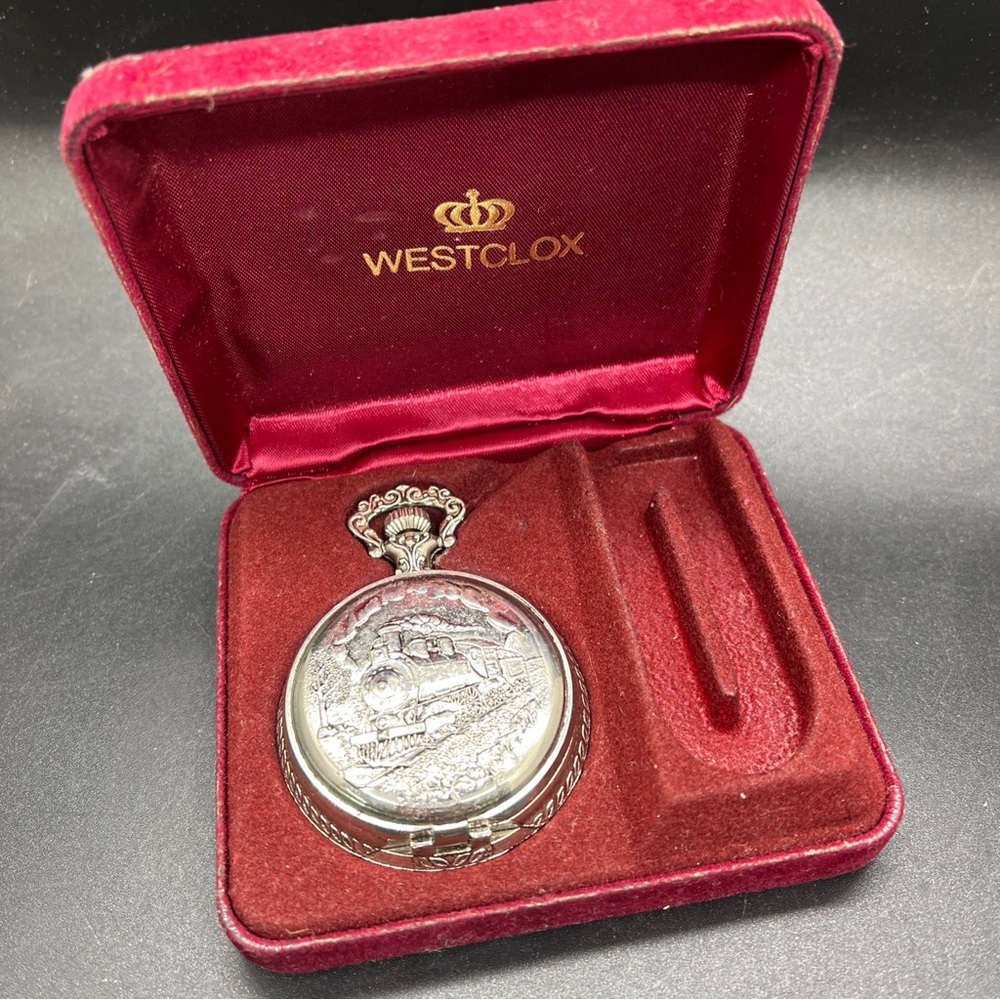 Vintage 1970’s Westclox Train Pocket Watch Silver - Missing Chain w/Original Box